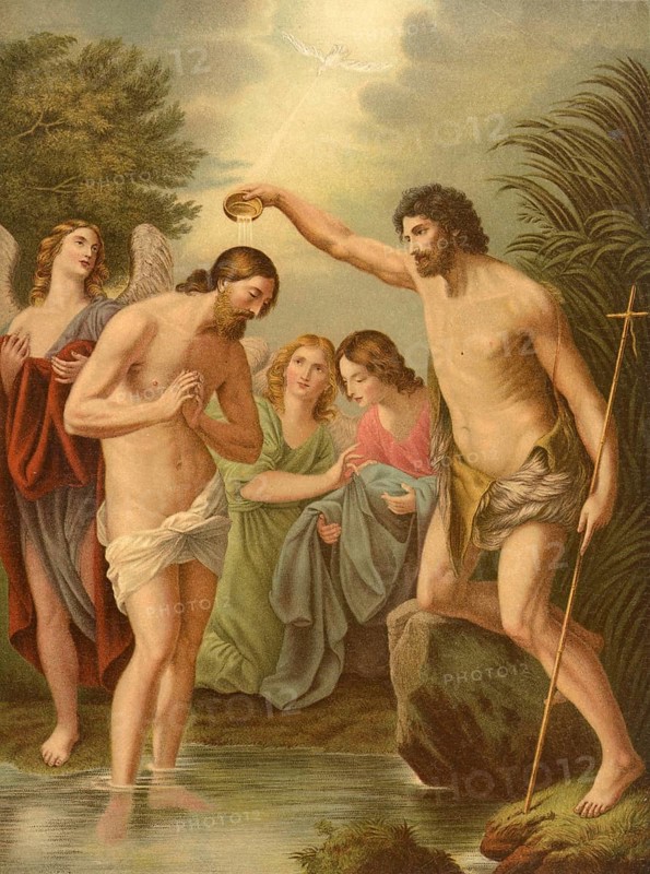 Biblical scene, Bible, The Baptism of Christ, a central event of the Gospels that publicly introduces Jesus' work and reveals his divinity. John the Baptist baptizes Jesus in the Jordan River, with the Holy Spirit descending and a voice from heaven confirming Jesus as the Son of God, illustration, reproduction from a 19th-century model. Authentic, file restored for optimal use, exact date of submission unknown, historical