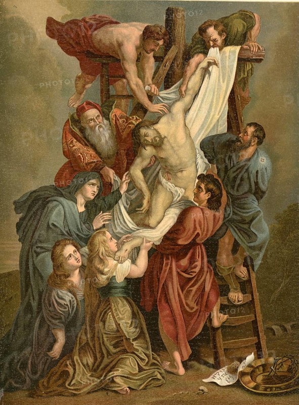 Biblical scene, Bible, Jesus Christ, Descent from the Cross, the ritual removal of the body of Jesus from the cross after his death, illustration, reproduction from a 19th century model. Authentic, file restored for optimal use, exact date of submission unknown, historical