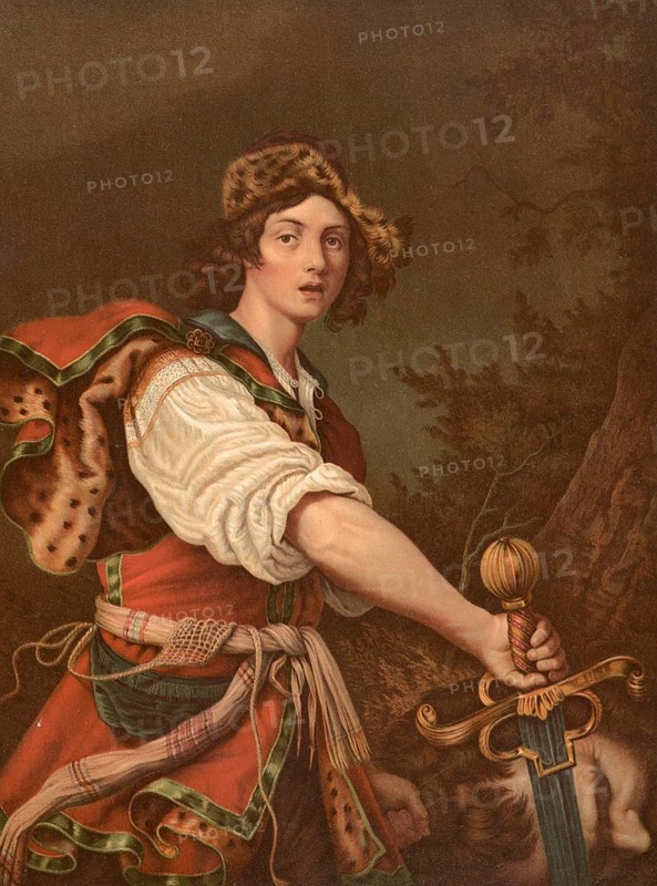 Biblical scene, Bible, David with the head of Goliath. David triumphantly holding the severed head of the giant Goliath in his hand, illustration, reproduction from a 19th century model. Authentic, file restored for optimal use, exact date of submission unknown, historical