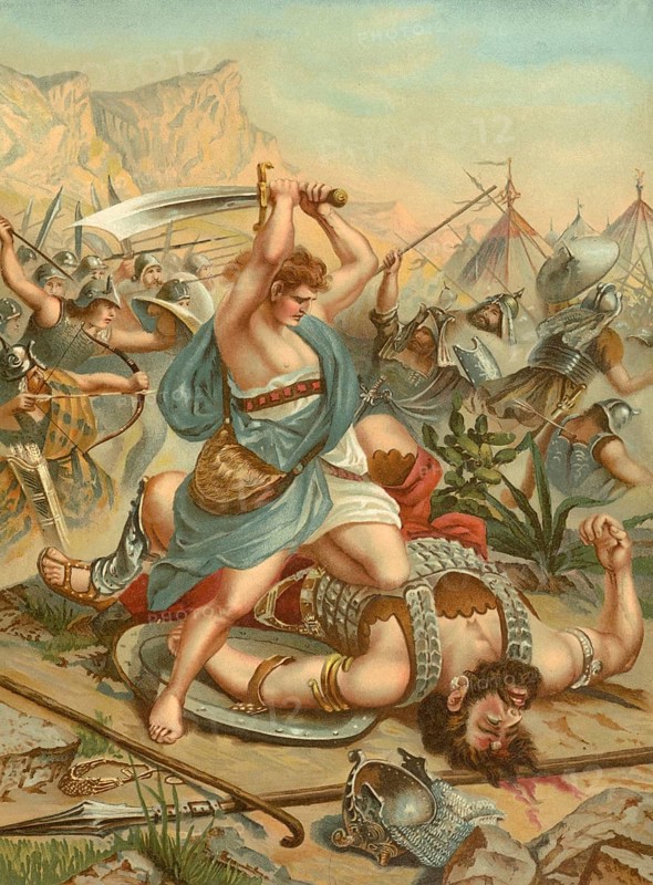 Biblical scene, Bible, David defeats Goliath. The biblical hero David defeats the giant warrior Goliath by hitting him in the forehead with a single stone from his slingshot, illustration, reproduction from a 19th-century model. Authentic, file restored for optimal use, exact date of submission unknown, historical