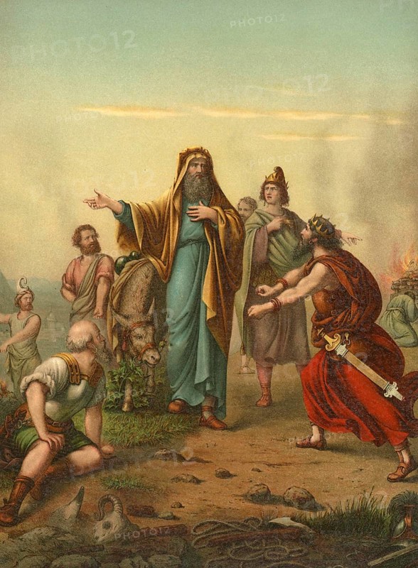 Biblical scene, Bible, Balak and Balaam, two biblical characters who appear in the story in the 4th book of Moses (Numbers) of the Bible. Balak, the king of Moab, was threatened by the Israelites and wanted to have them cursed by Balaam, a seer from Mesopotamia, in order to be able to defeat them more easily, illustration, reproduction from a 19th-century model. Authentic, file restored for optimal use, exact date of submission unknown, historical