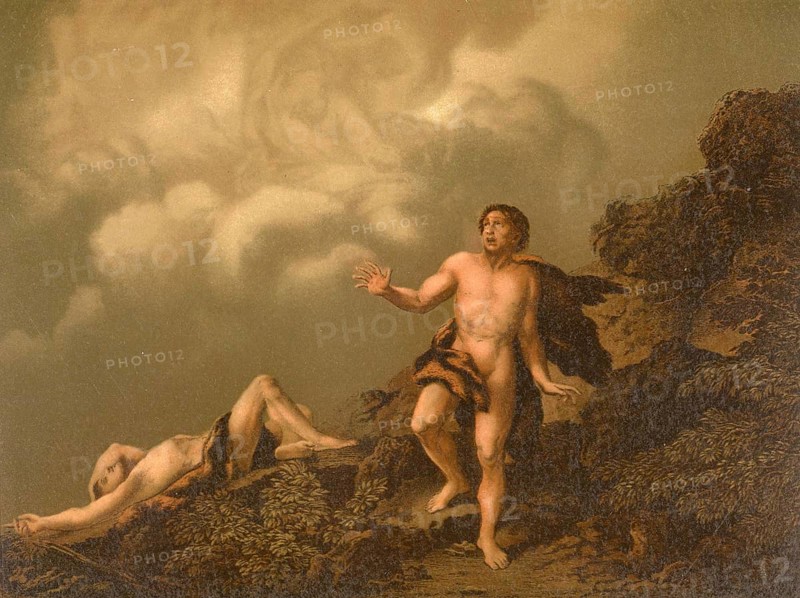 Biblical scene, Bible, Cain's fratricide refers to the biblical story in which Cain kills his brother Abel out of jealousy after God favors his brother's sacrifice. This act is described as the first murder in the Bible and results in Cain being cursed by God and banished from Eden, illustration, reproduction from a 19th-century model. Authentic, file restored for optimal use, exact date of submission unknown, historical