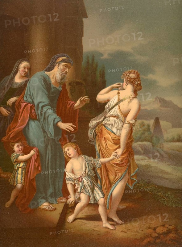 Biblical scene, Bible, Hagar, the Egyptian slave of Sarah, Abraham's woman, expulsion, illustration, reproduction from a 19th-century model. Authentic, file restored for optimal use, exact date of submission unknown, historical
