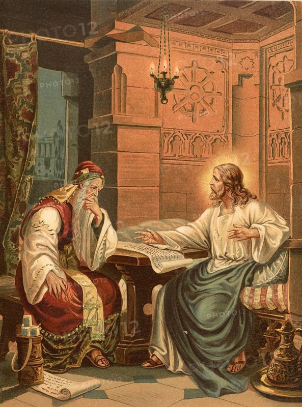 Biblical scene, Bible, Christ's conversation with Nicodemus. The conversation between Jesus and Nicodemus in the Gospel of John (John 3) is about the necessity of rebirth of water and the Spirit in order to enter the kingdom of God, illustration, reproduction from a 19th-century model. Authentic, file restored for optimal use, exact date of submission unknown, historical