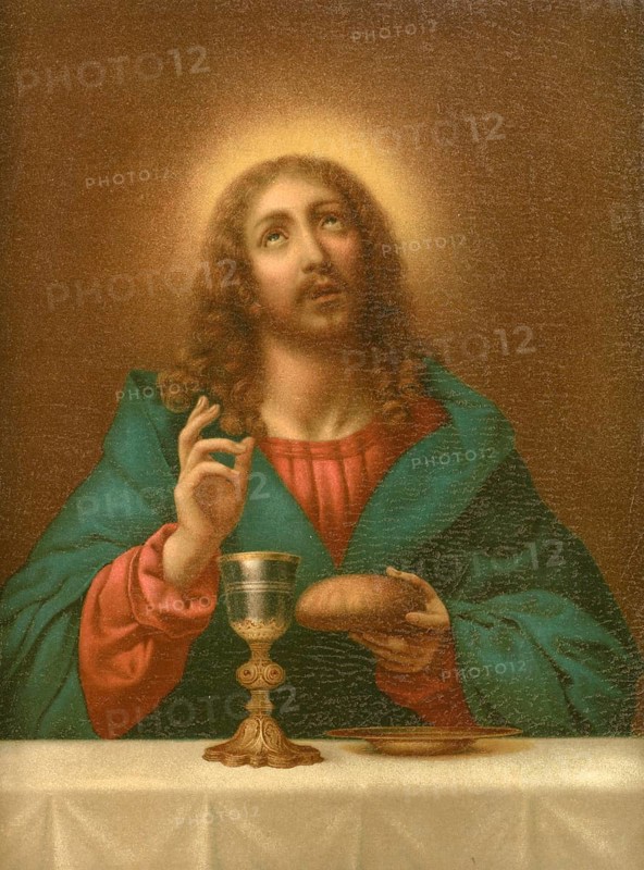 Biblical scene, Bible, and the blessing of bread and wine by Jesus in the Lord's Supper is a central event in Christianity. Jesus thus symbolized the meaning of his later crucifixion and resurrection by referring to bread as his body and wine as his blood, illustration, reproduction from a 19th-century model. Authentic, file restored for optimal use, exact date of submission unknown, historical