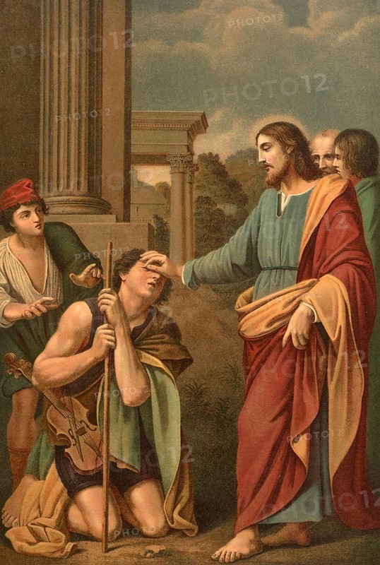 Biblical scene, Bible, healing of the blind man, Jesus heals a man blind from birth near the pond of Siloah by brushing soil and saliva on his eyes, illustration, reproduction from a 19th-century model. Authentic, file restored for optimal use, exact date of submission unknown, historical