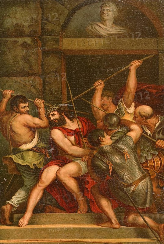 Biblical scene, Bible, Christ and the Crown of Thorns, an important symbol of the suffering and humiliation of Jesus Christ during his Passion. It was put on him by the Roman soldiers to ridicule him as the King of the Jews, illustration, reproduction from a 19th-century model. Authentic, file restored for optimal use, exact date of submission unknown, historical