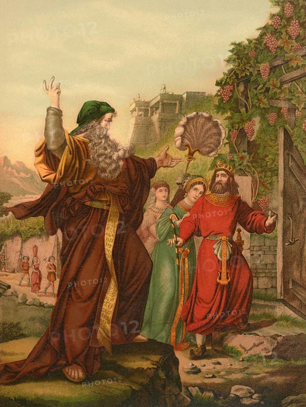 Biblical scene, Bible, Elijah's sermon to Ahab and Jezebel, Elijah or Elijah is a biblical prophet who is said to have worked in the northern kingdom of Israel in the time of kings Ahab and Ahaziah in the second quarter of the 9th century BC, illustration, reproduction from a model from the 19th century. Authentic, file restored for optimal use, exact date of submission unknown, historical