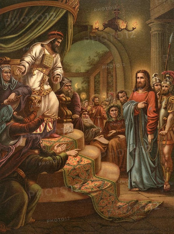 Biblical scene, Bible, false testimony against Christ, illustration, reproduction from a 19th-century model. Authentic, file restored for optimal use, exact date of submission unknown, historical