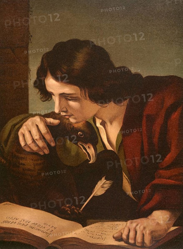 Biblical scene, Bible, John the Evangelist, one of the twelve apostles and is considered in the Christian tradition as the author of the fourth Gospel, the three Epistles of John and the Revelation, illustration, reproduction from a 19th-century model. Authentic, file restored for optimal use, exact date of submission unknown, historical