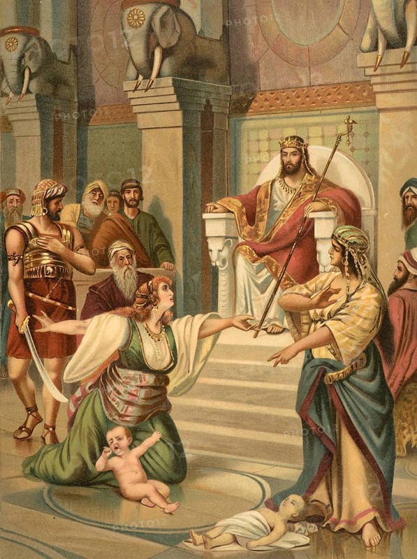 Biblical scene, Bible, Solomon's verdict, a biblical story in which the wise King Solomon settled the dispute between two woman over a baby. In order to find the true mother, he ordered the baby to be divided, illustration, reproduction from a 19th-century model. Authentic, file restored for optimal use, exact date of submission unknown, historical