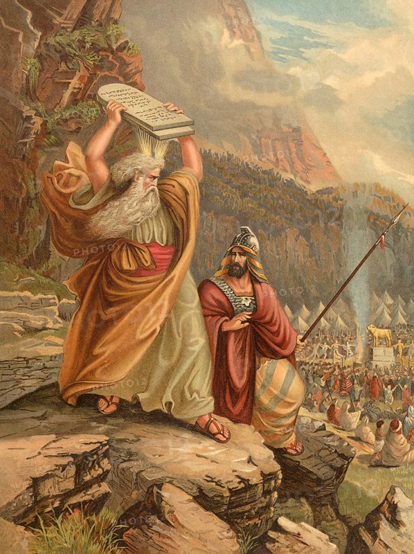 Biblical scene, Bible, Moses broke the tablets with the Ten Commandments out of anger because the people of Israel worshipped the golden calf during their absence on Mount Sinai, illustration, reproduction from a 19th-century model. Authentic, file restored for optimal use, exact date of submission unknown, historical