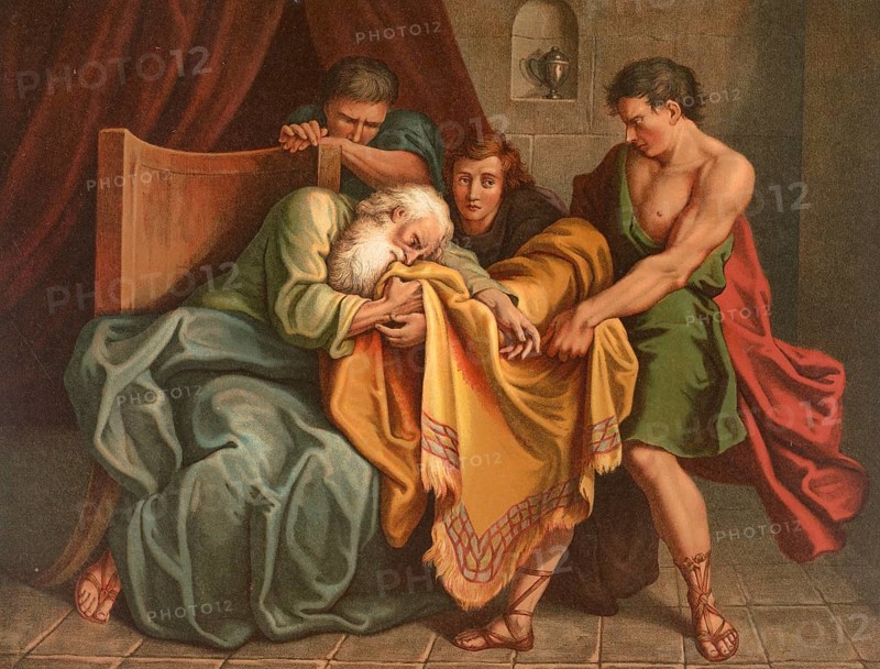 Biblical scene, Bible, The blood-stained cloak of Joseph is a central element in the biblical story of Joseph and his brothers in the Book of Genesis. It symbolizes the envy of the brothers and the cruel deception of their father Jacob to cover up the sale of Joseph into slavery, illustration, reproduction from a 19th-century model. Authentic, file restored for optimal use, exact date of submission unknown, historical