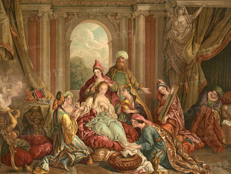 Biblical scene, Bible, The decoration of Esther, a central event in the biblical story of the young Jew who becomes Persian queen in order to save her people, illustration, reproduction from a 19th-century model. Authentic, file restored for optimal use, exact date of submission unknown, historical
