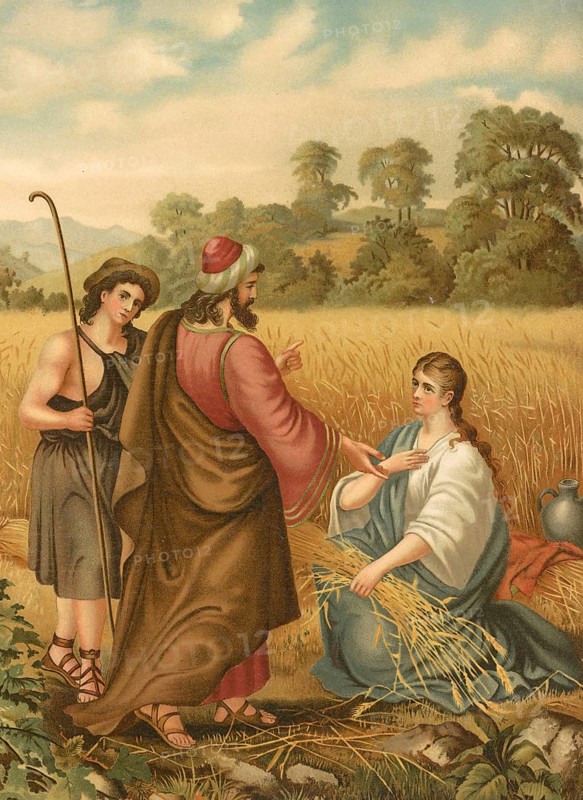 Biblical scene, Bible, Ruth worked in Boaz's field to support her mother-in-law Naomi. She harvested crops by harvesting, which enabled her and Naomi to survive, illustration, reproduction from a 19th-century model. Authentic, file restored for optimal use, exact date of submission unknown, historical