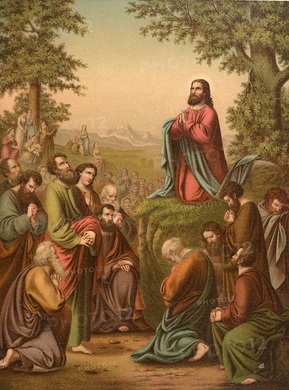 Biblical scene, Bible, Our Father, the prayer that Jesus taught his disciples and which can be found in the Bible in the Gospel of Matthew (Mt 6, 9-13) and in the Gospel of Luke (Lk 11, 2-4), illustration, reproduction from a 19th-century model. Authentic, file restored for optimal use, exact date of submission unknown, historical