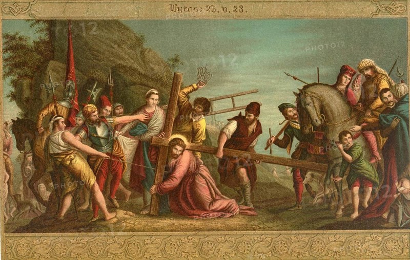 Biblical scene, Bible, On the Way of the Cross, The Way of the Cross is presented in the Bible in connection with Jesus' ordeal, particularly when Simon of Cyrene is forced to carry Jesus the cross, illustration, reproduction from a 19th-century model. Authentic, file restored for optimal use, exact date of submission unknown, historical