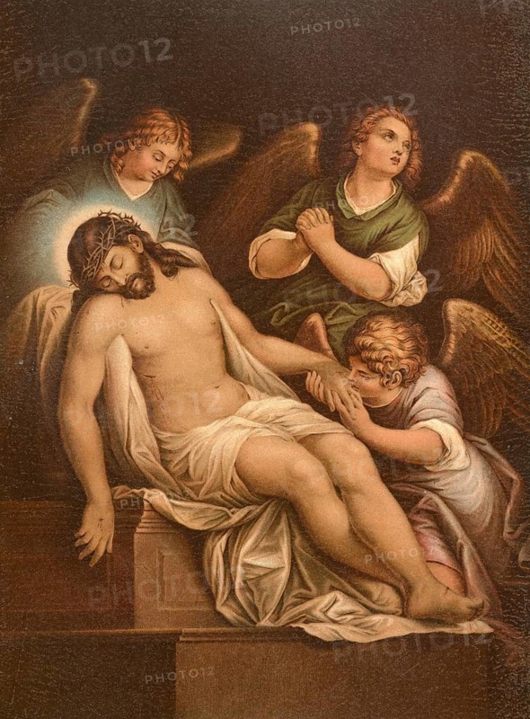 Biblical scene, Bible, The Burial, According to the report, Joseph of Arimathea, a wealthy disciple, asked the Roman governor Pilate for the body of Jesus. Josef then took the body, wrapped it in a linen cloth and placed it in his own new rock grave, illustration, reproduction from a model from the 19th century. Authentic, file restored for optimal use, exact date of submission unknown, historical