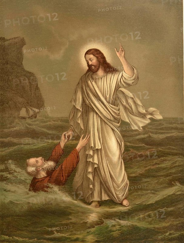 Biblical scene, Bible, The Drowning Saint Peter, refers to a biblical event in which Peter begins to sink after running to Jesus on water, illustration, reproduction from a 19th-century model. Authentic, file restored for optimal use, exact date of submission unknown, historical