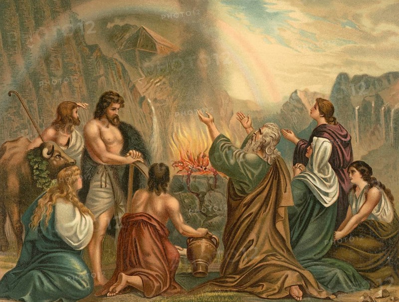 Biblical scene, Bible, Noah's sacrifice of gratitude, The sacrifice of Noah is a biblical narrative from the book of Genesis in which Noah offers a thanksgiving offering to God after the flood, illustration, reproduction from a 19th-century model. Authentic, file restored for optimal use, exact date of submission unknown, historical