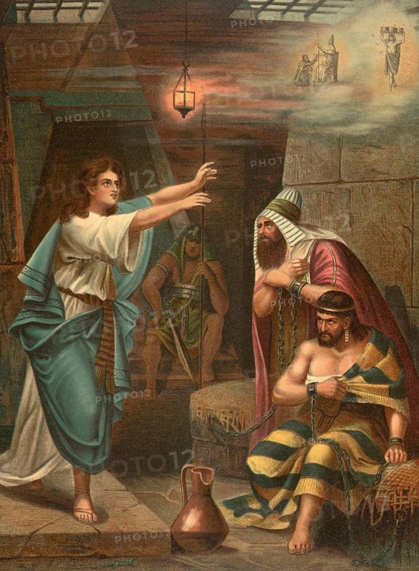 Biblical scene, Bible, Joseph interprets the dreams of the pharaoh's chief cupbearer and chief baker in prison. He predicts to the cupbearer that he will be reinstated in his position in three days, while he prophesies to the baker that he will be executed in three days, illustration, reproduction from a 19th-century model. Authentic, file restored for optimal use, exact date of submission unknown, historical