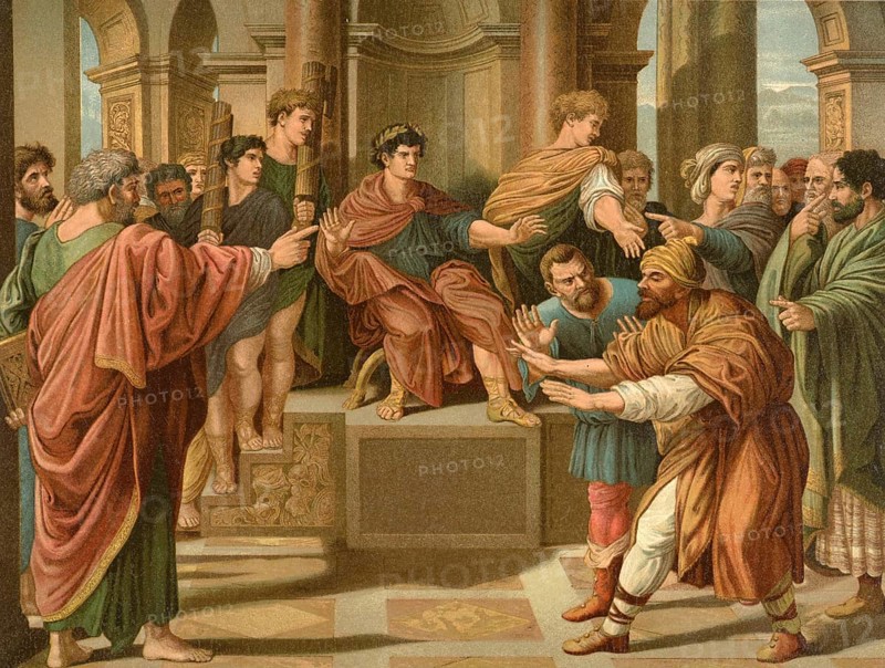 Biblical scene, Bible, The Blindness of Theophilus the High Priest, illustration, reproduction from a 19th century model. Authentic, file restored for optimal use, exact date of submission unknown, historical