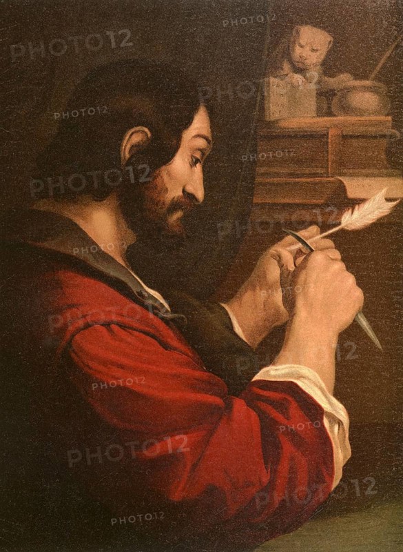 Biblical scene, Bible, The evangelist Mark, the presumed author of the Gospel of the same name, which is considered the oldest of the four New Testament gospels. Although he was not a direct disciple of Jesus, according to tradition, his work is based on the reports and sermons of the Apostle Peter, illustration, reproduction from a model from the 19th century. Authentic, file restored for optimal use, exact date of submission unknown, historical