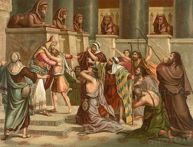 Biblical scene, Bible, Joseph reveals himself to his brothers after they once sold him as a child. He lets all Egyptians leave the room and reveals himself crying, which leads to an emotional reconciliation, illustration, reproduction of a model from the 19th century. Authentic, file restored for optimal use, exact date of submission unknown, historical