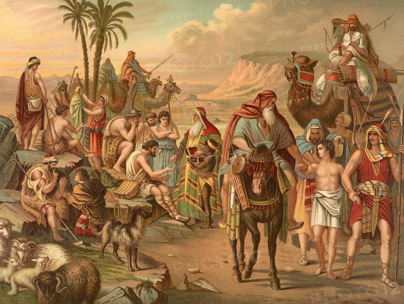 Biblical scene, Bible, Joseph is sold by his brothers. Out of jealousy of their favorite son Joseph, Jacob's brothers sell him for twenty pieces of silver to Ismaili merchants who bring him to Egypt, illustration, reproduction from a 19th-century model. Authentic, file restored for optimal use, exact date of submission unknown, historical