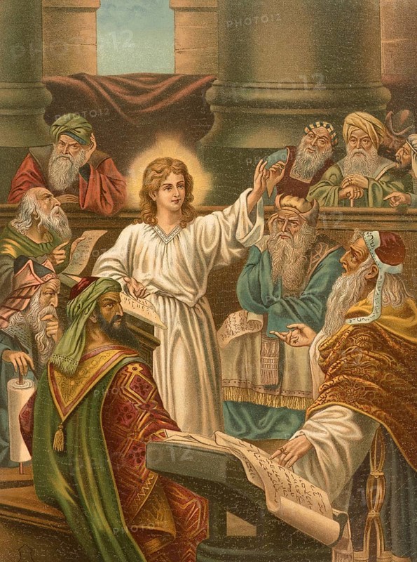 Biblical scene, Bible, Jesus teaching in the temple. Jesus' teaching in the temple in Jerusalem is described several times in the Bible, illustration, reproduction from a model from the 19th century. Authentic, file restored for optimal use, exact date of submission unknown, historical