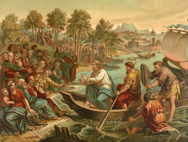 Biblical scene, Bible, Jesus preached from the boat because crowds were harassing him on the banks. He used a boat as a kind of pulpit to listen to and teach the crowds on land, illustration, reproduction from a 19th-century model. Authentic, file restored for optimal use, exact date of submission unknown, historical
