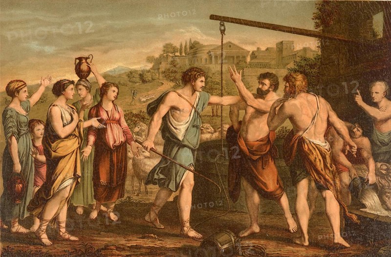 Biblical scene, Bible, Moses defended the daughters of Jethro by driving away shepherds who drove them away from the well so that they could water their cattle, illustration, reproduction from a 19th-century model. Authentic, file restored for optimal use, exact date of submission unknown, historical