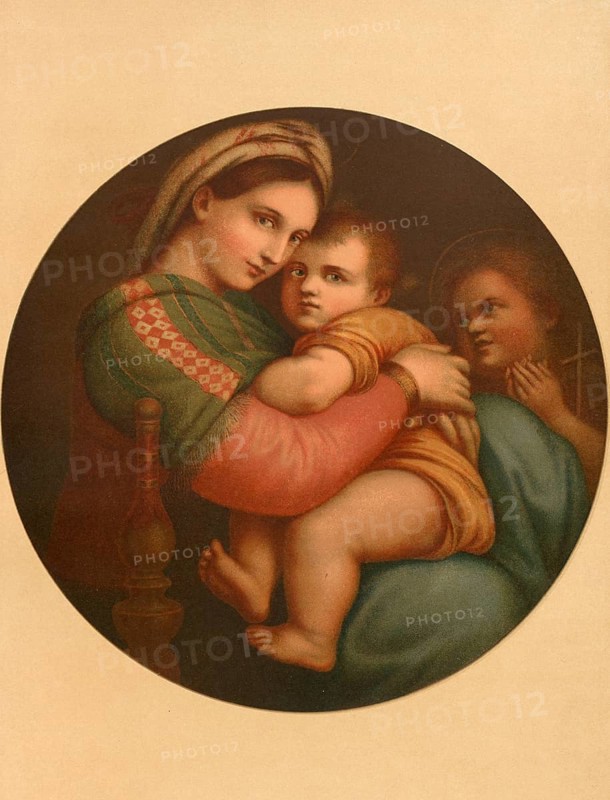 Biblical scene, Bible, The picture depicts the Virgin Mary with the baby Jesus on her lap sitting in a chair., illustration, reproduction from a 19th-century model. Authentic, file restored for optimal use, exact date of submission unknown, historical