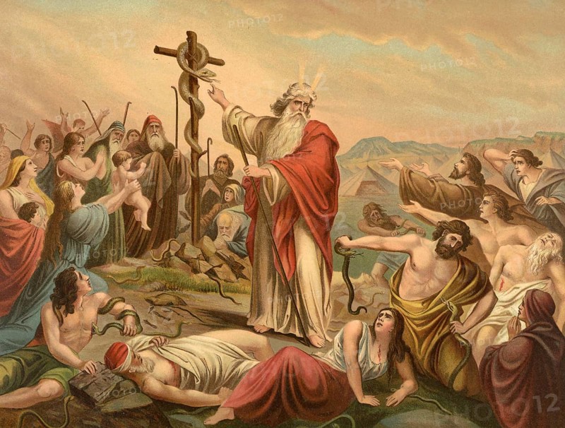Biblical scene, Bible, the bronze snake is set up. In the Old Testament (Leviticus 21:4-9), the bronze snake was set up by Moses at God's command after the people of Israel were bitten by poisonous snakes in the desert. Anyone who was bitten and looked at the bronze snake was healed, illustration, reproduction from a 19th-century model. Authentic, file restored for optimal use, exact date of submission unknown, historical