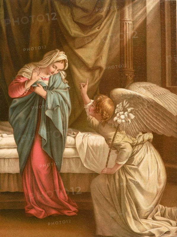Biblical scene, Bible, The Annunciation, the event in which the Archangel Gabriel tells the Virgin Mary that she will conceive and give birth to a son by the power of the Holy Spirit, illustration, reproduction from a 19th-century model. Authentic, file restored for optimal use, exact date of submission unknown, historical