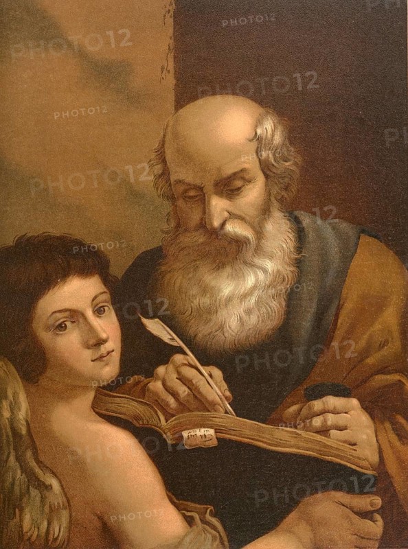 Biblical scene, Bible, The evangelist Matthew, one of the twelve apostles of Jesus, in front of his appointment a tax collector and is considered the traditional author of the first Gospel in the New Testament, illustration, reproduction from a 19th-century model. Authentic, file restored for optimal use, exact date of submission unknown, historical
