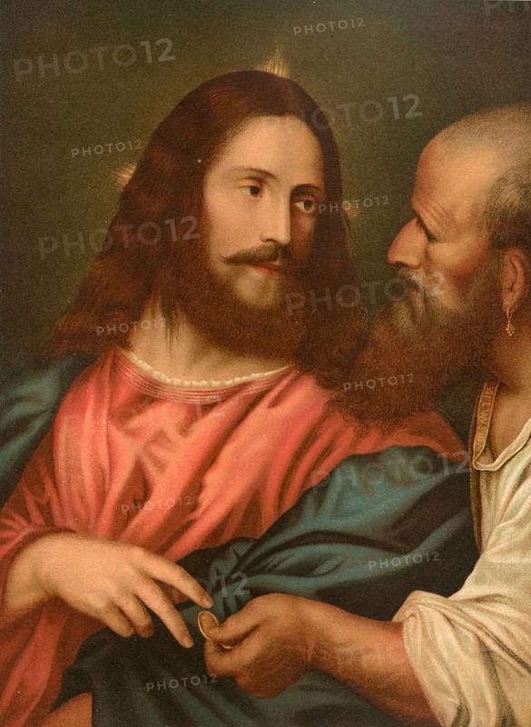 Biblical scene, Bible, The coin for the temple tax. The coin used for temple tax in the time of Jesus was the Tyrian Shekel, a silver coin minted in the Phoenician city of Tyre. Although it had representations of pagan gods, it was accepted because it was the only currency accepted for this tax purposes in the Jerusalem Temple, illustration, reproduction from a 19th-century model. Authentic, file restored for optimal use, exact date of submission unknown, historical