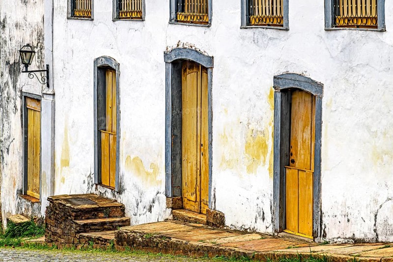 Historic housefacade in colonial style in the city of Mariana, Minas Gerais, Mariana, Minas Gerais, Brazil