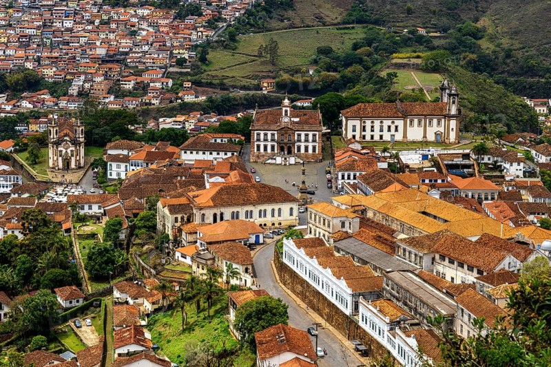 Historic city of Ouro Preto with its baroque and colonial houses and churches, viewed from above, Ouro Preto, Minas Gerais, Brazil
