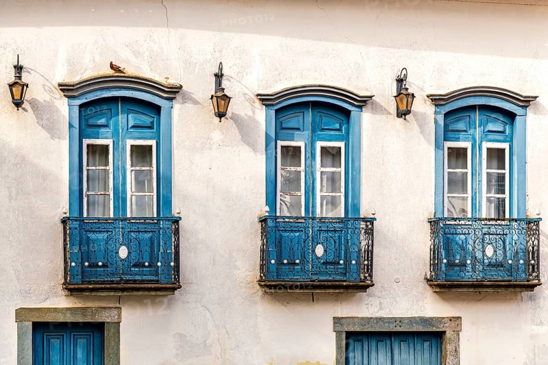 Facade of a historic house in colonial style in the city of Mariana, Minas Gerais, Mariana, Minas Gerais, Brazil