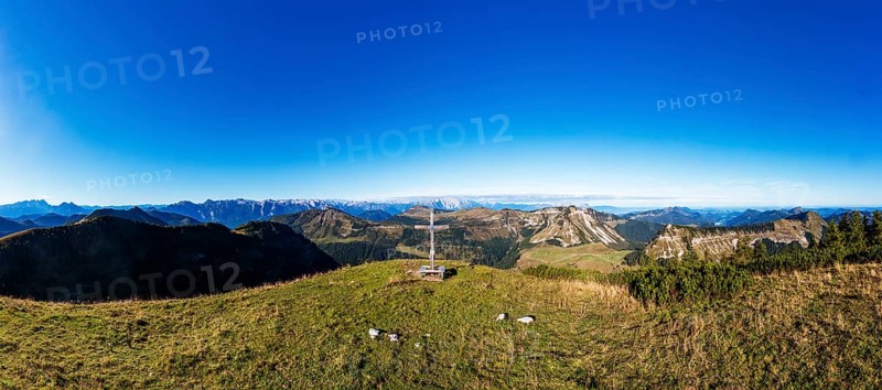 Drone shot, summit cross, Hoher Zinken, Postalm, Osterhorn Group, Salzkammergut, Province of Salzburg, Austria