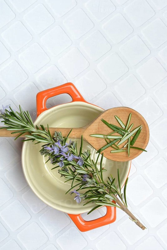 Rosemary, rosemary leaves on cooking spoon with cooking pot, rosemary sprig