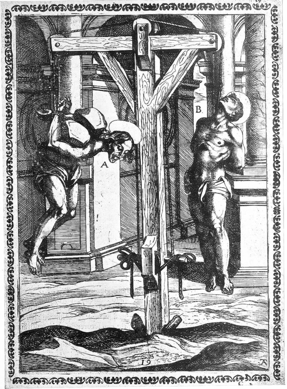 Torture, Torture, Inquisition, a. convict who is hung by his hands (who are tied behind his back) and has bags of salt on his shoulders, with a wooden club also stuck in his mouth, b. Condemned suspended by a toe., illustration, reproduction from a 16th century model, middle age, authentic, file restored for optimal use, exact date of Template unknown