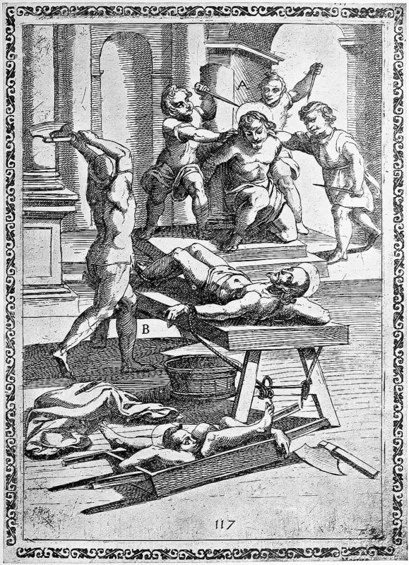 Torture, ordeal, inquisition, a. convict who was fatally wounded by boys with their pens, b. Convicted person whose limbs were amputated one after the other., illustration, reproduction from a 16th-century model, middle age, authentic, file restored for optimal use, exact date of submission unknown