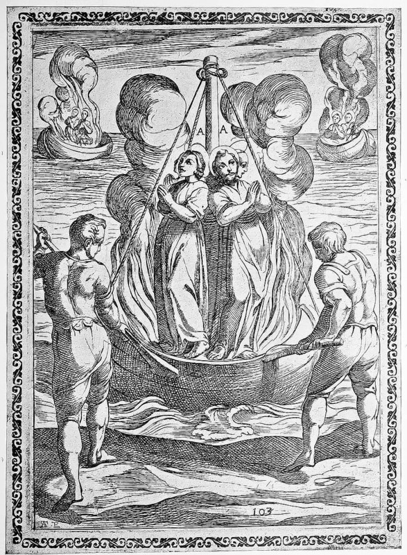 Torture, ordeal, inquisition, convict sent out to sea on a ship full of fuel that was set on fire, illustration, reproduction from a 16th-century model, mediated, authentic, file restored for optimal use, exact date of submission unknown