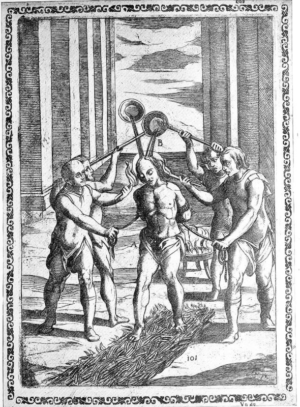 Torture, ordeal, inquisition, convict forced to walk across glowing coals while molten lead, boiling pitch, or similar substances is poured over his head, illustration, reproduction from a 16th-century model, middle age, authentic, file restored for optimal use, exact date of submission unknown