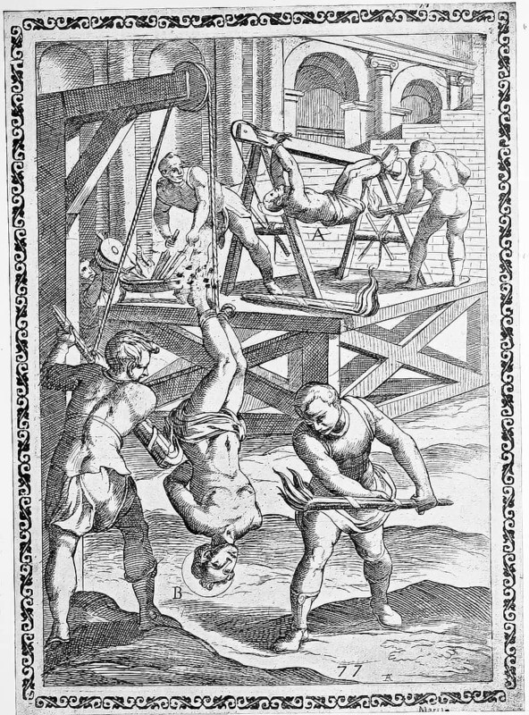 Torture, ordeal, inquisition, a. convict who was hung from a wooden horse and burned with torches, b. Condemned who was hung with his feet from a roller and tortured, inquisitioned in the same way., illustration, reproduction from a 16th century original, authentic, file restored for optimal use, exact date of submission unknown