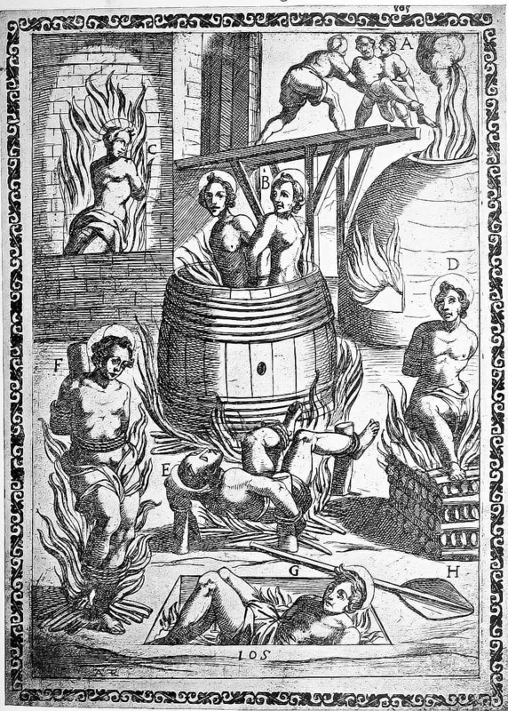 Torture, Torture, Inquisition, a. convict thrown into a glowing oven, b. convict put in a barrel or tub and burned, c. convict put in a chamber set on fire, d. Handcuffed by hands and feet and placed on a burning pyre, e. Tied to four piles rammed into the ground, under which fire is burning Harvested, f. Tied with oil-soaked ropes and burned under him, g. Thrown into a pit full of glowing coals, h. Fire with an iron shovel stoked., illustration, reproduction from a 16th century original, medieval, authentic, file restored for optimal use, exact date of original unknown
