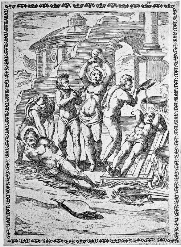 Torture, Torture, Inquisition, a. convict who was tortured with glowing iron under his armpits Torture, Inquisitiont, b. fried on glowing coals, c. Condemned over whom boiling pitch or similar substances were poured, illustration, reproduction from a 16th century original, authentic, file restored for optimal use, exact date of submission unknown
