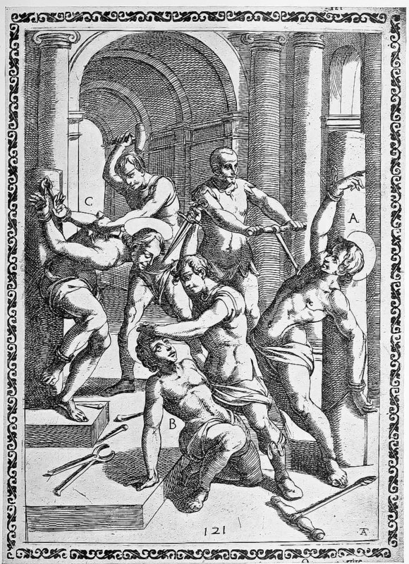 Torture, Torture, Inquisition, a. Torture with a thorn, Condemned Inquisitionte, b. Stabbed with a knife, c. Pierced with nails., illustration, reproduction from a 16th century model, medieval, authentic, file restored for optimal use, exact date of submission unknown